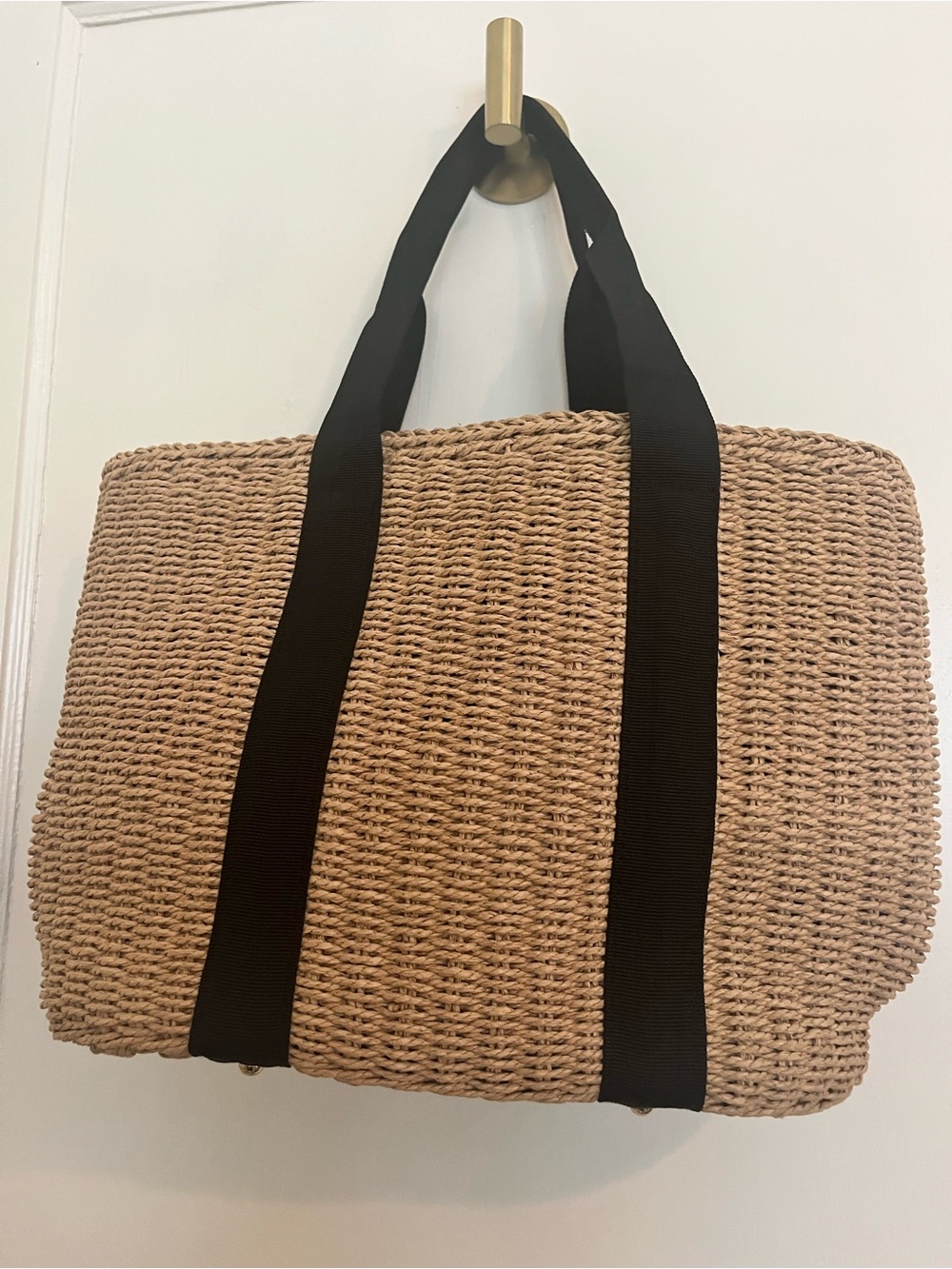 Woven Straw Tote Bag with Black Straps. Never used.